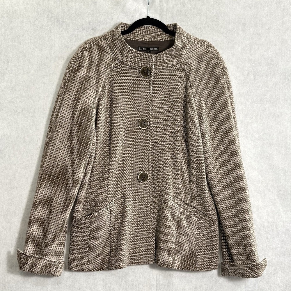 LAFAYETTE 148 NY Women Wool Tweed Knit Long Sleeve Blazer Sz 14 Brown Swing